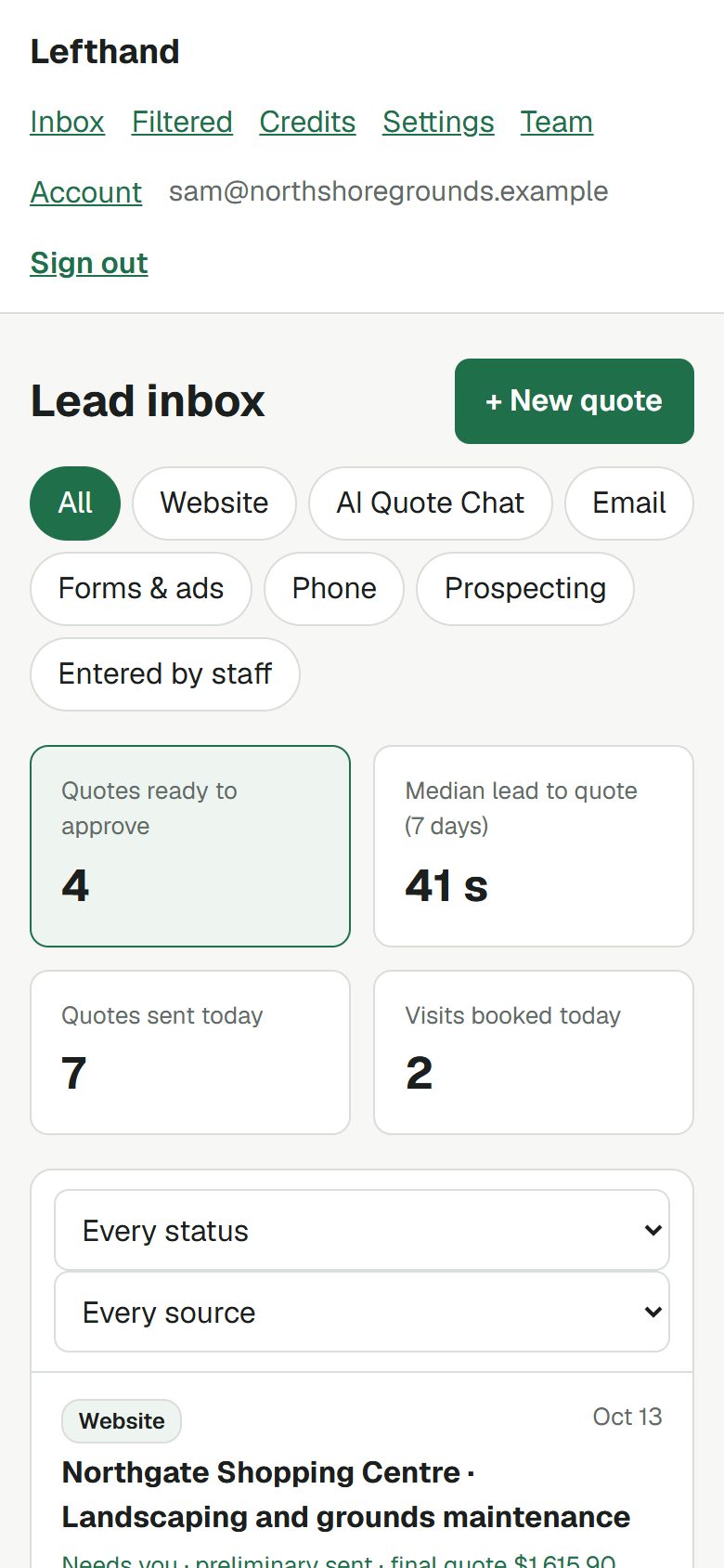 Lefthand's lead inbox on a phone.