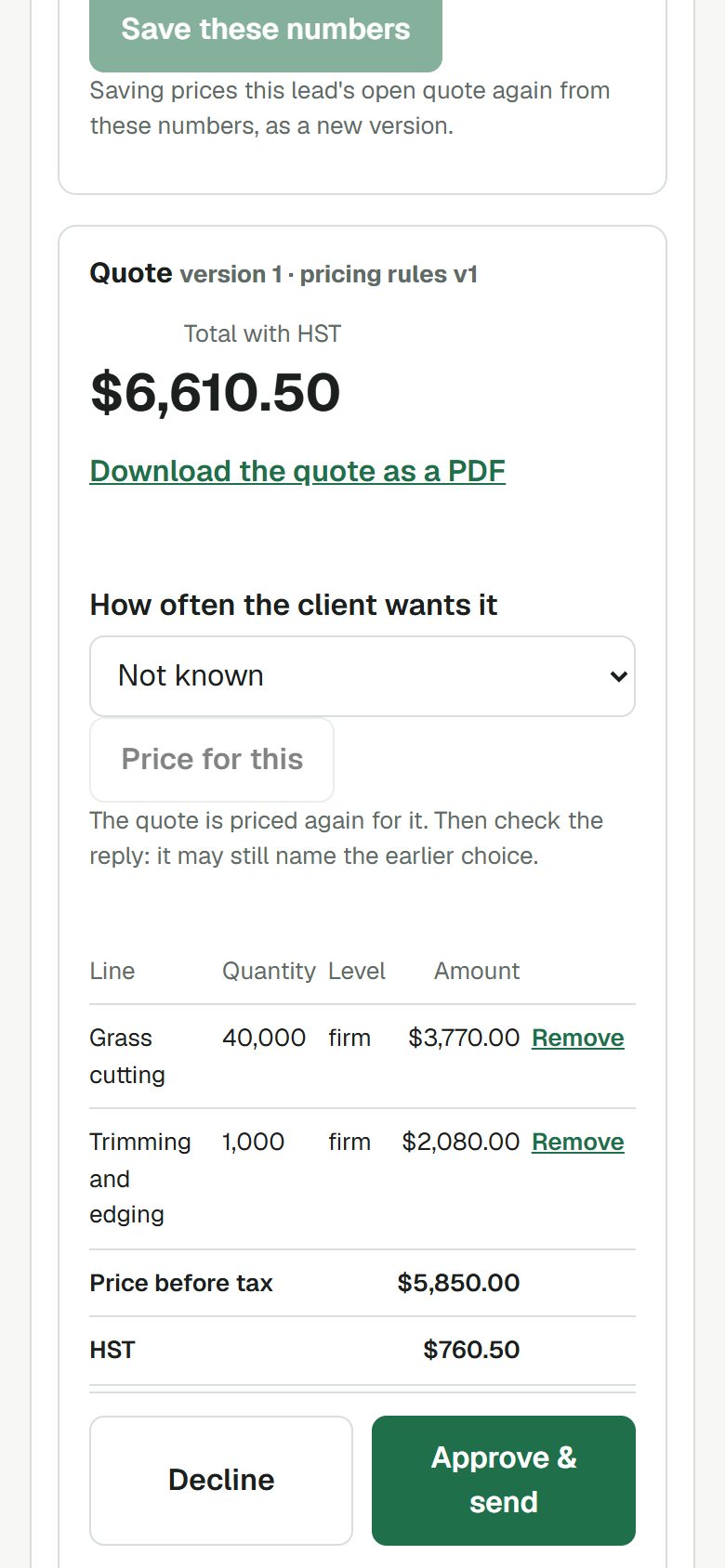 A quote on a phone: lines, taxes, the total and the Approve & send button.